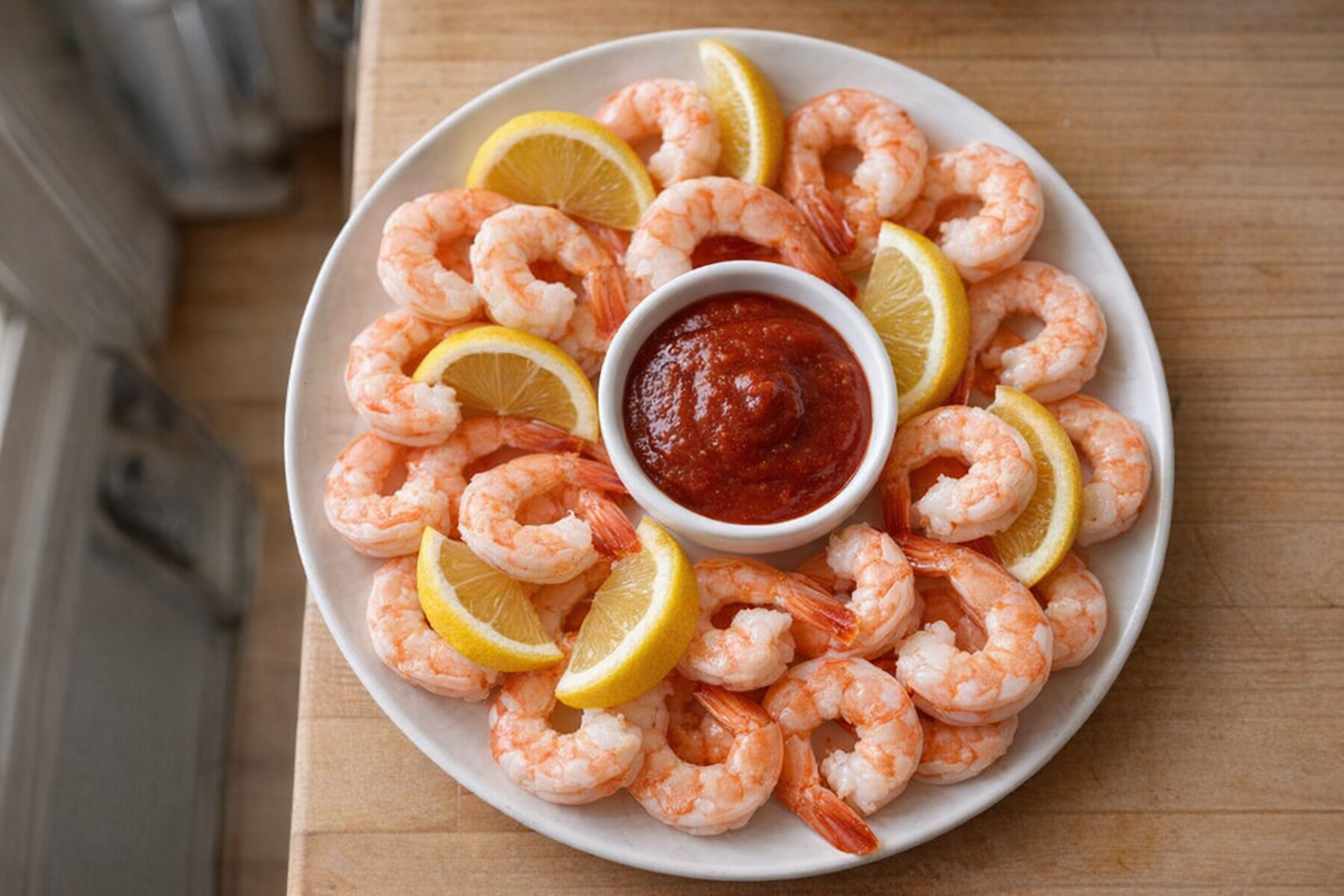 A top-down, bright, and inviting shot of perfectly boiled shrimp arranged on a white plate with lemon wedges and cocktail sauce.